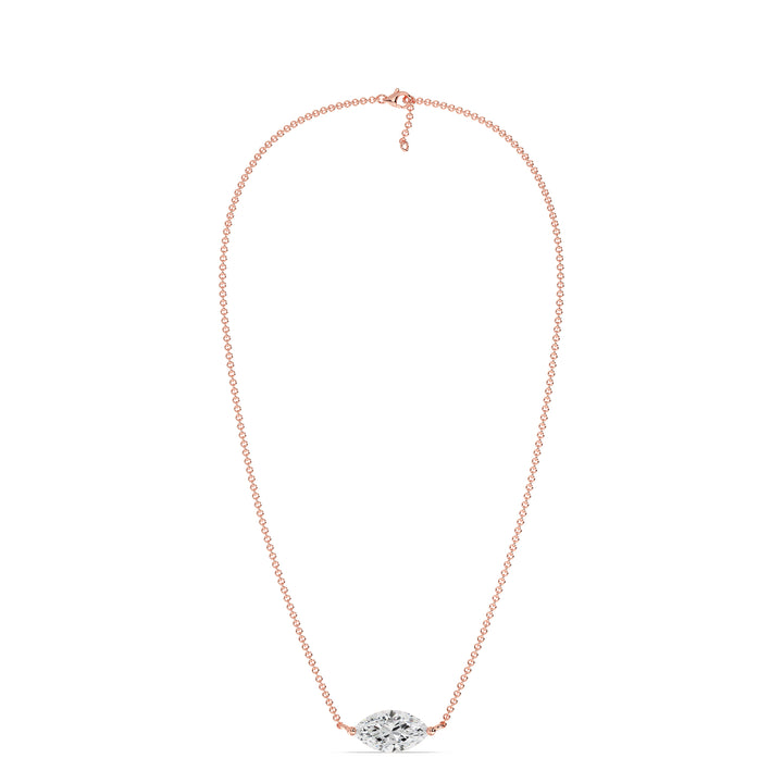 2.00 Carat Marquise-Cut Lab-Grown Diamond Solitaire Pendant Necklace set in 18K Rose Gold with a delicate chain, highlighting the diamond's sparkle and the romantic blush tone of rose gold