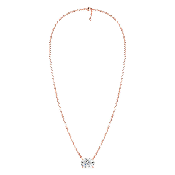 2.00 Carat Oval Lab-Grown Diamond Solitaire Necklace in 18K Rose Gold, showcasing a stunning IGI-certified diamond in a prong setting on a warm rose gold chain