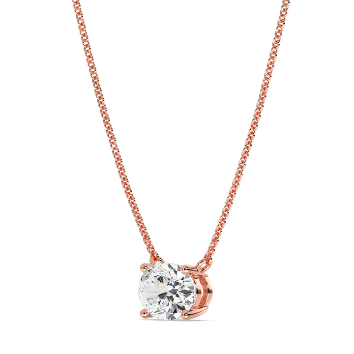 2.00 Carat Oval Lab-Grown Diamond Solitaire Necklace in 18K Rose Gold, showcasing a stunning IGI-certified diamond in a prong setting on a warm rose gold chain