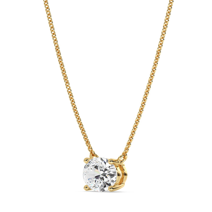 2.00 Carat Oval Lab-Grown Diamond Solitaire Necklace in 18K Yellow Gold, featuring a sparkling IGI-certified diamond in a classic prong setting on a delicate gold chain