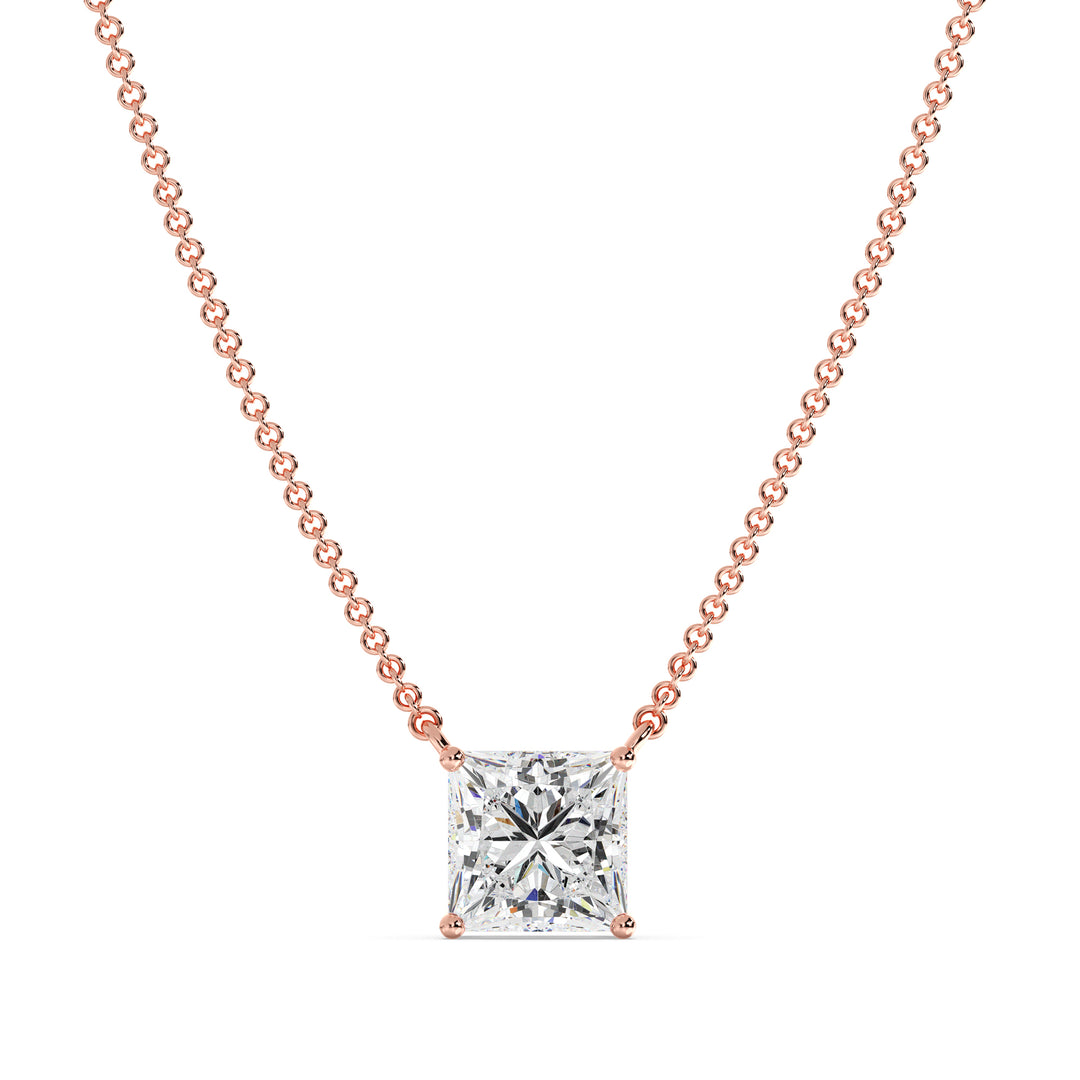 2.00 Carat Princess Cut Lab-Grown Diamond Solitaire Pendant Necklace in 18K Rose Gold, showcasing a dazzling IGI Certified E/VS diamond elegantly set in a prong setting on a delicate rose gold chain