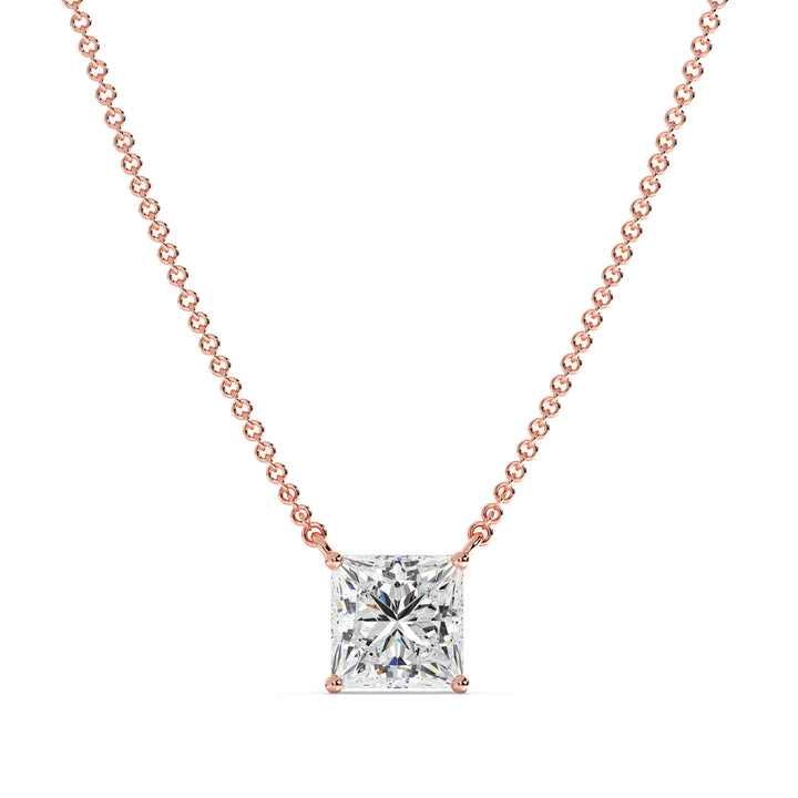 2.00 Carat Princess Cut Lab-Grown Diamond Solitaire Pendant Necklace in 18K Rose Gold, showcasing a dazzling IGI Certified E/VS diamond elegantly set in a prong setting on a delicate rose gold chain
