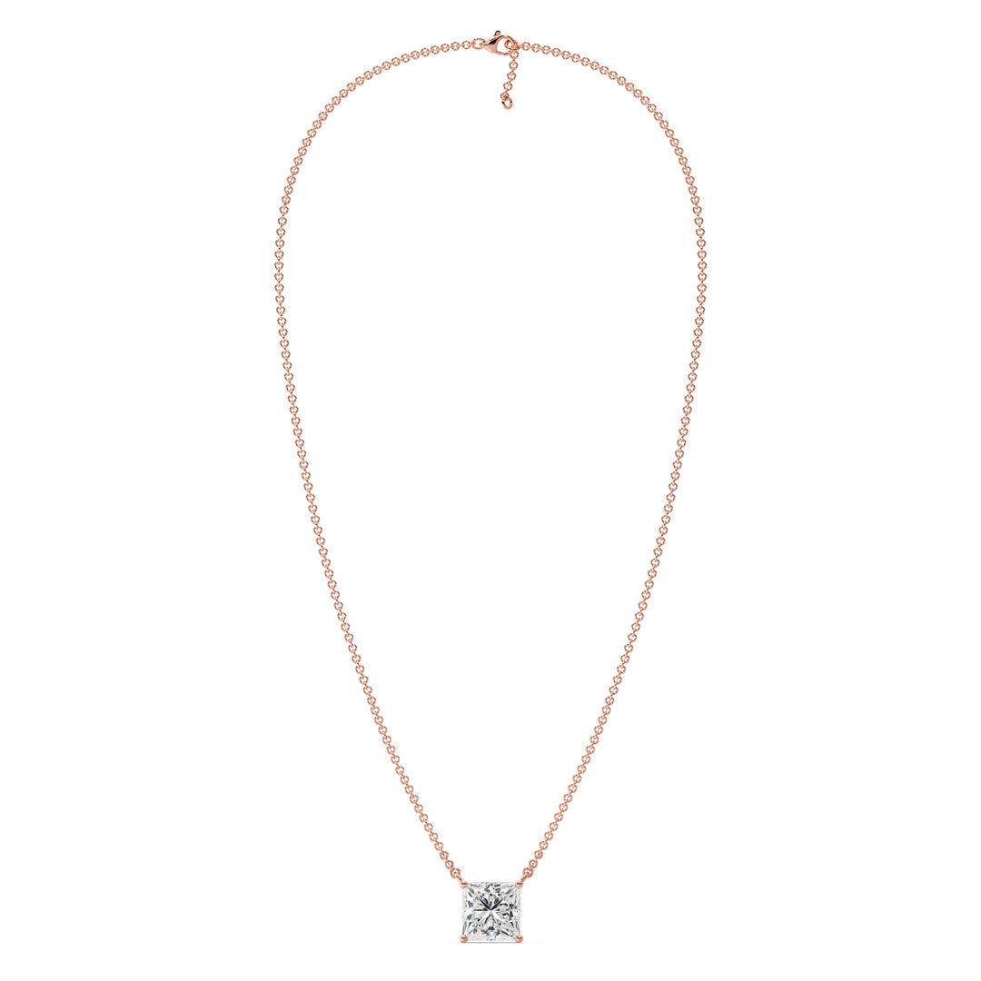 2.00 Carat Princess Cut Lab-Grown Diamond Solitaire Pendant Necklace in 18K Rose Gold, showcasing a dazzling IGI Certified E/VS diamond elegantly set in a prong setting on a delicate rose gold chain