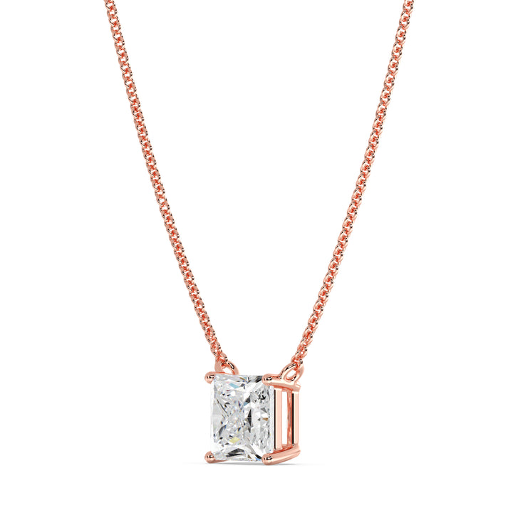 2.00 Carat Princess Cut Lab-Grown Diamond Solitaire Pendant Necklace in 18K Rose Gold, showcasing a dazzling IGI Certified E/VS diamond elegantly set in a prong setting on a delicate rose gold chain