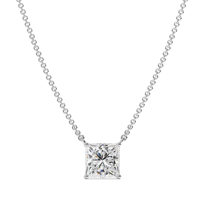 2.00 Carat Princess Cut Lab-Grown Diamond Solitaire Pendant Necklace in 18K White Gold, highlighting a brilliant IGI Certified E/VS diamond in a secure prong setting on a polished white gold chain
