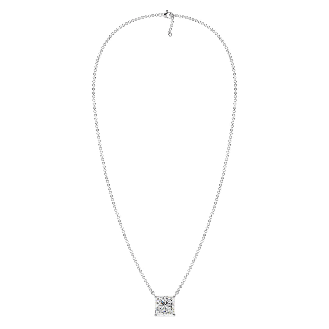 2.00 Carat Princess Cut Lab-Grown Diamond Solitaire Pendant Necklace in 18K White Gold, highlighting a brilliant IGI Certified E/VS diamond in a secure prong setting on a polished white gold chain