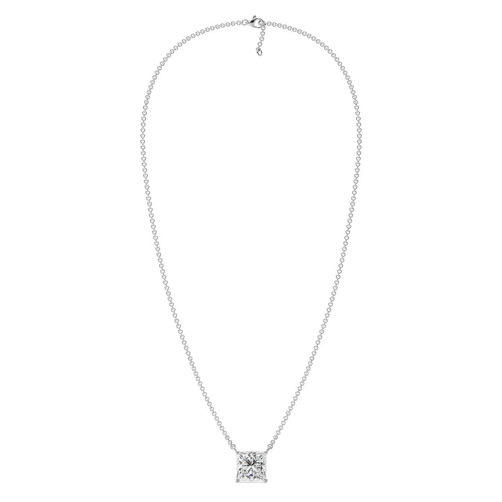 2.00 Carat Princess Cut Lab-Grown Diamond Solitaire Pendant Necklace in 18K White Gold, highlighting a brilliant IGI Certified E/VS diamond in a secure prong setting on a polished white gold chain