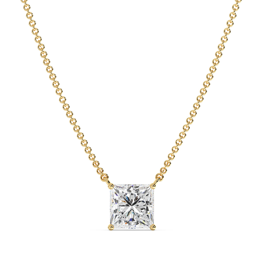 2.00 Carat Princess Cut Lab-Grown Diamond Solitaire Pendant Necklace in 18K Yellow Gold, featuring a stunning IGI Certified E/VS diamond set in a secure prong setting on a sleek yellow gold chain