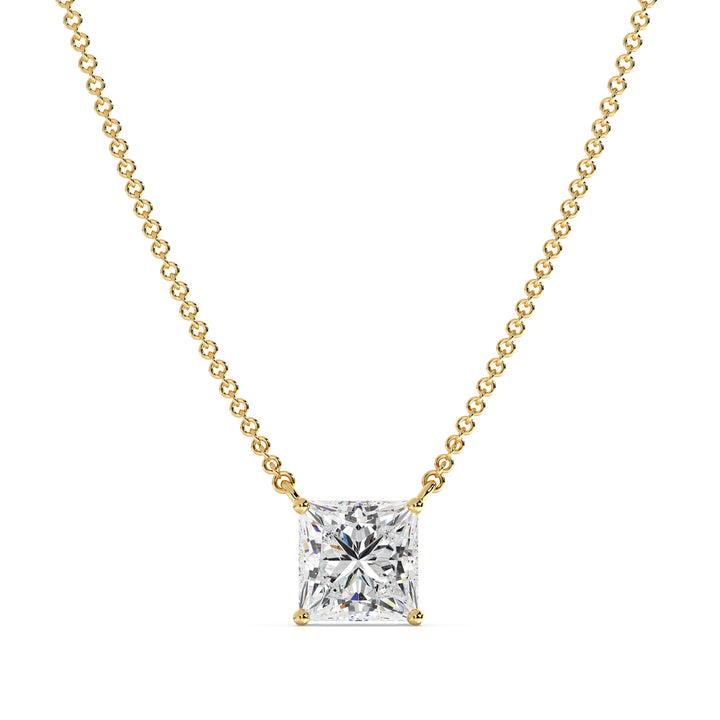 2.00 Carat Princess Cut Lab-Grown Diamond Solitaire Pendant Necklace in 18K Yellow Gold, featuring a stunning IGI Certified E/VS diamond set in a secure prong setting on a sleek yellow gold chain