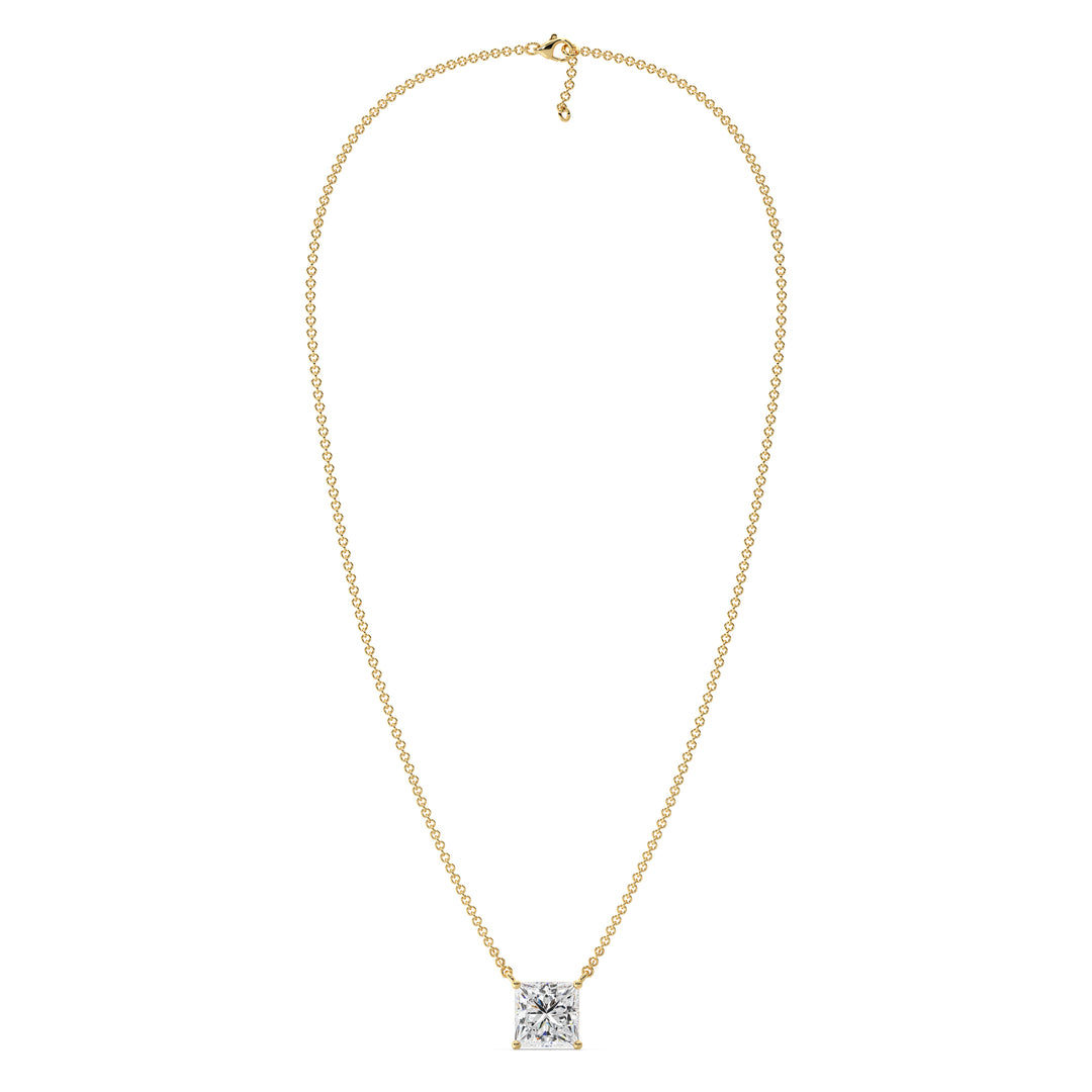 2.00 Carat Princess Cut Lab-Grown Diamond Solitaire Pendant Necklace in 18K Yellow Gold, featuring a stunning IGI Certified E/VS diamond set in a secure prong setting on a sleek yellow gold chain