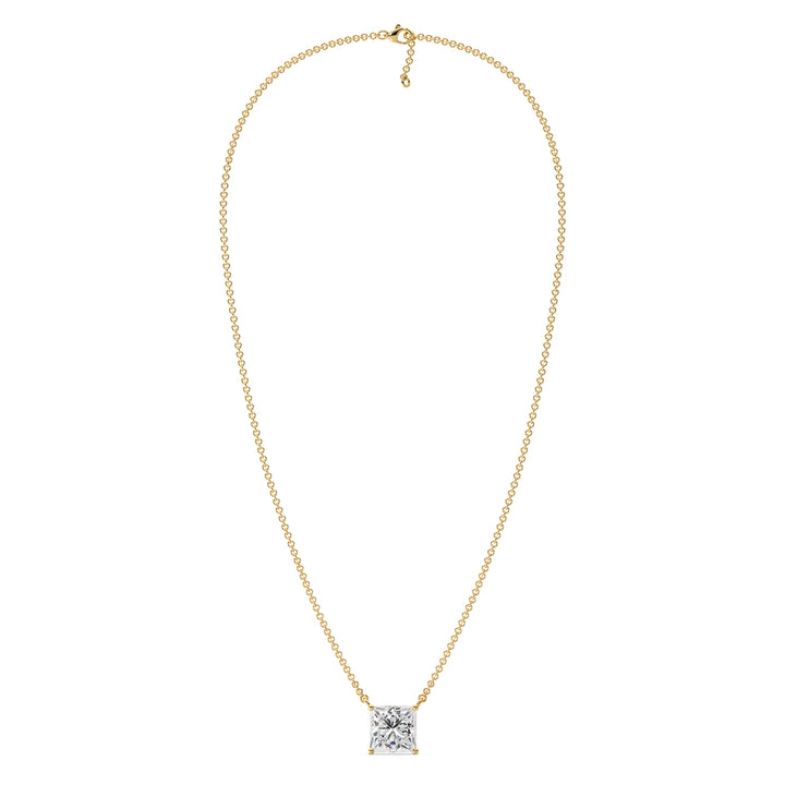 2.00 Carat Princess Cut Lab-Grown Diamond Solitaire Pendant Necklace in 18K Yellow Gold, featuring a stunning IGI Certified E/VS diamond set in a secure prong setting on a sleek yellow gold chain