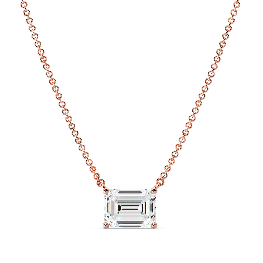 Image of a 2.00 Carat Lab-Grown Emerald-Cut Diamond Solitaire Pendant Necklace in 18K Rose Gold, showcasing a sparkling emerald-cut diamond elegantly set in a warm rose gold chain