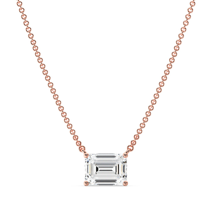 Image of a 2.00 Carat Lab-Grown Emerald-Cut Diamond Solitaire Pendant Necklace in 18K Rose Gold, showcasing a sparkling emerald-cut diamond elegantly set in a warm rose gold chain