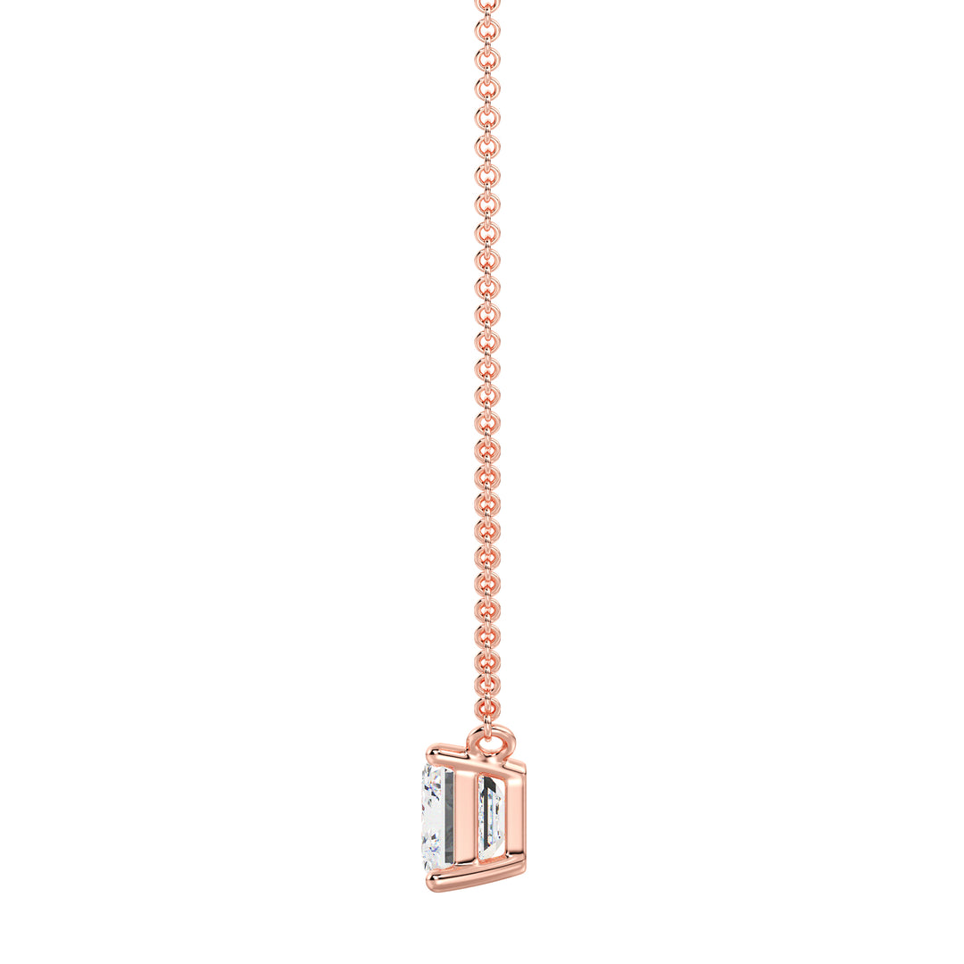 Image of a 2.00 Carat Lab-Grown Emerald-Cut Diamond Solitaire Pendant Necklace in 18K Rose Gold, showcasing a sparkling emerald-cut diamond elegantly set in a warm rose gold chain