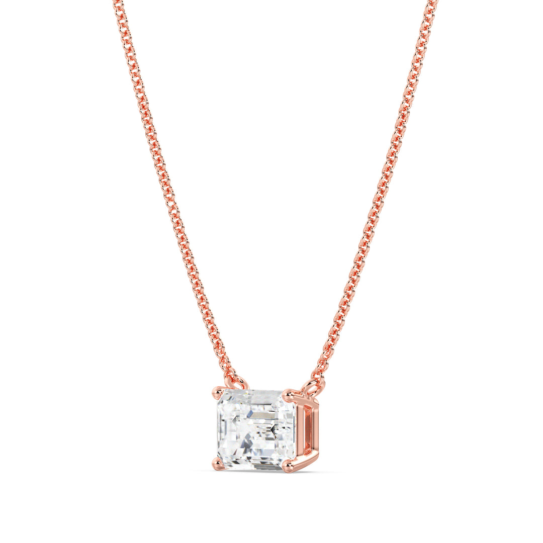 Image of a 2.00 Carat Lab-Grown Emerald-Cut Diamond Solitaire Pendant Necklace in 18K Rose Gold, showcasing a sparkling emerald-cut diamond elegantly set in a warm rose gold chain