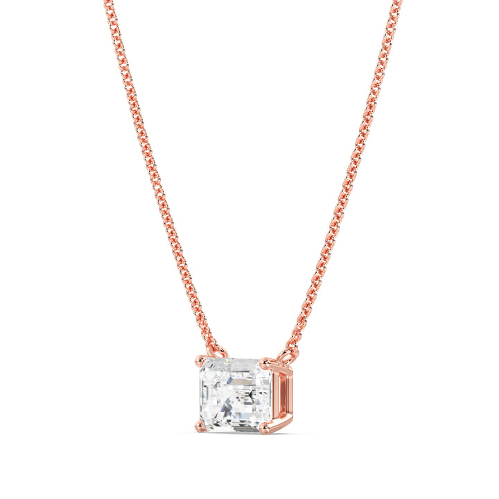 Image of a 2.00 Carat Lab-Grown Emerald-Cut Diamond Solitaire Pendant Necklace in 18K Rose Gold, showcasing a sparkling emerald-cut diamond elegantly set in a warm rose gold chain