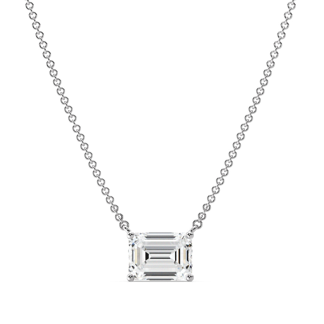 Image of a 2.00 Carat Lab-Grown Emerald-Cut Diamond Solitaire Pendant Necklace in 18K White Gold, highlighting a brilliant emerald-cut diamond in a timeless prong setting on a sleek white gold chain.