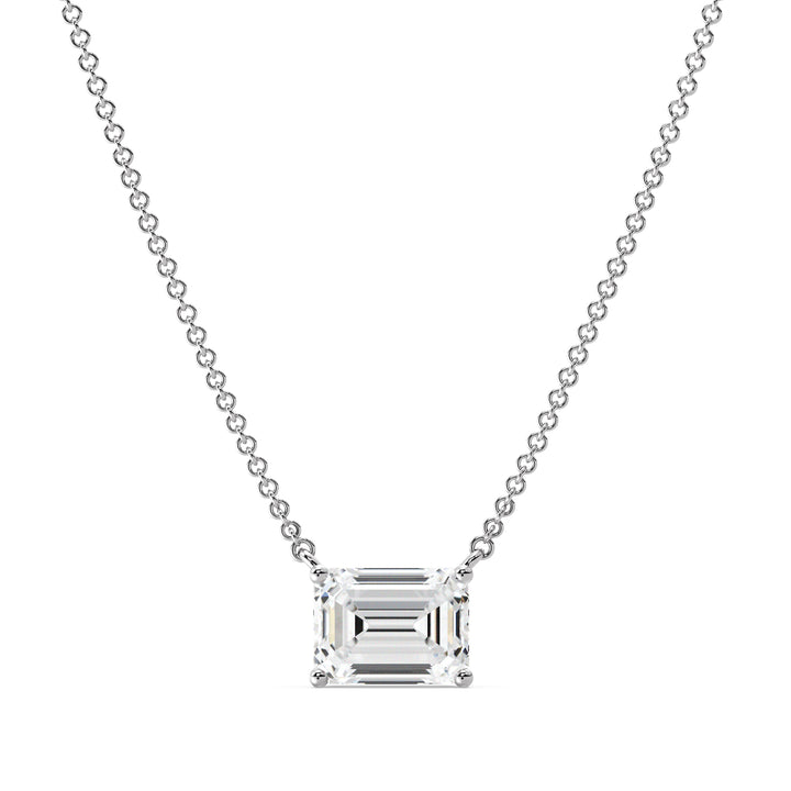 Image of a 2.00 Carat Lab-Grown Emerald-Cut Diamond Solitaire Pendant Necklace in 18K White Gold, highlighting a brilliant emerald-cut diamond in a timeless prong setting on a sleek white gold chain.