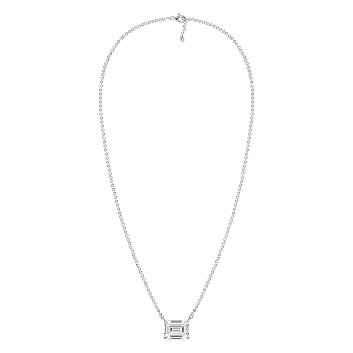 Image of a 2.00 Carat Lab-Grown Emerald-Cut Diamond Solitaire Pendant Necklace in 18K White Gold, highlighting a brilliant emerald-cut diamond in a timeless prong setting on a sleek white gold chain.