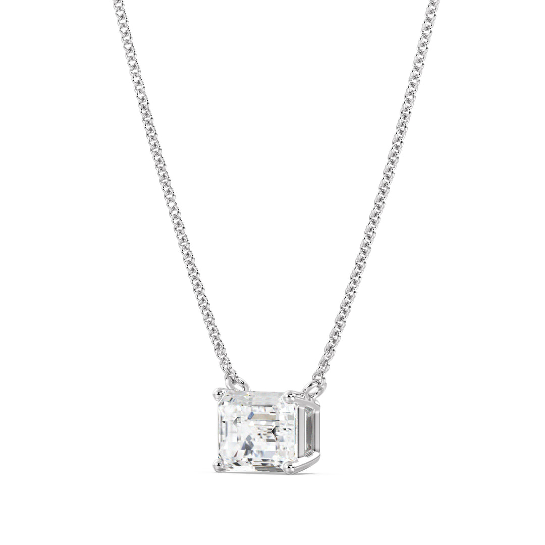 Image of a 2.00 Carat Lab-Grown Emerald-Cut Diamond Solitaire Pendant Necklace in 18K White Gold, highlighting a brilliant emerald-cut diamond in a timeless prong setting on a sleek white gold chain.