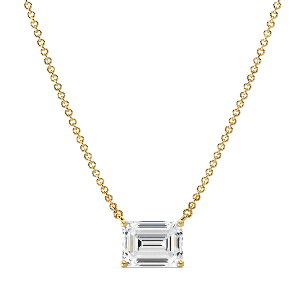 Image of a 2.00 Carat Lab-Grown Emerald-Cut Diamond Solitaire Pendant Necklace in 18K Yellow Gold, featuring a radiant emerald-cut diamond in a classic prong setting on a polished yellow gold chain