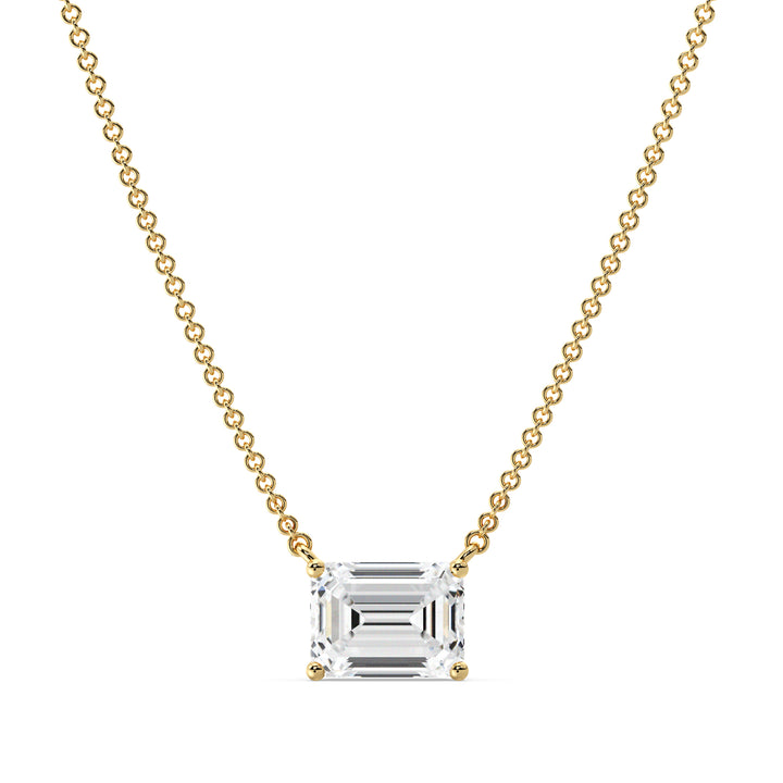 Image of a 2.00 Carat Lab-Grown Emerald-Cut Diamond Solitaire Pendant Necklace in 18K Yellow Gold, featuring a radiant emerald-cut diamond in a classic prong setting on a polished yellow gold chain