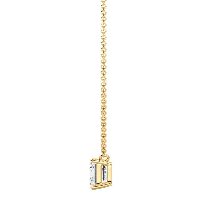 Image of a 2.00 Carat Lab-Grown Emerald-Cut Diamond Solitaire Pendant Necklace in 18K Yellow Gold, featuring a radiant emerald-cut diamond in a classic prong setting on a polished yellow gold chain