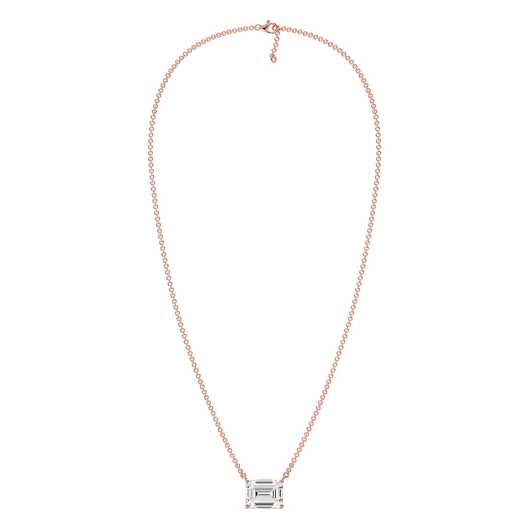 Image of a 2.00 Carat Lab-Grown Emerald-Cut Diamond Solitaire Pendant Necklace in 18K Rose Gold, showcasing a sparkling emerald-cut diamond elegantly set in a warm rose gold chain