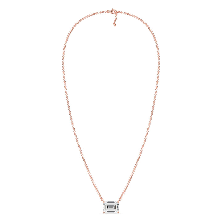 Image of a 2.00 Carat Lab-Grown Emerald-Cut Diamond Solitaire Pendant Necklace in 18K Rose Gold, showcasing a sparkling emerald-cut diamond elegantly set in a warm rose gold chain