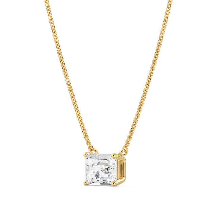 Image of a 2.00 Carat Lab-Grown Emerald-Cut Diamond Solitaire Pendant Necklace in 18K Yellow Gold, featuring a radiant emerald-cut diamond in a classic prong setting on a polished yellow gold chain