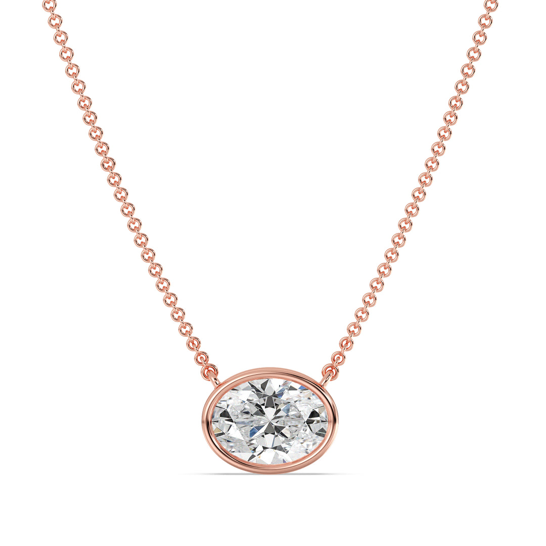 2 Carat Bezel-Set Oval Lab-Grown Diamond Solitaire Pendant Necklace in 18K Rose Gold, showcasing an IGI Certified E/VS diamond in a modern bezel setting with a warm rose gold finish