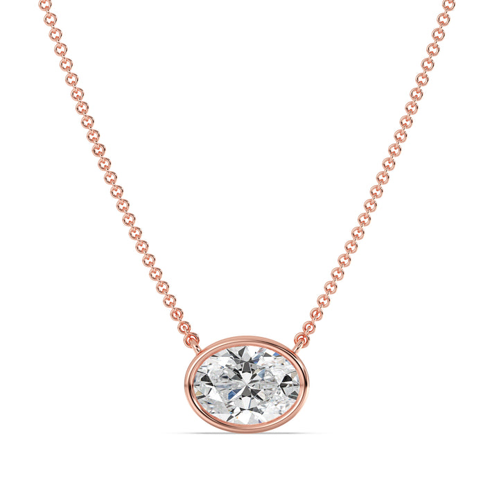 2 Carat Bezel-Set Oval Lab-Grown Diamond Solitaire Pendant Necklace in 18K Rose Gold, showcasing an IGI Certified E/VS diamond in a modern bezel setting with a warm rose gold finish
