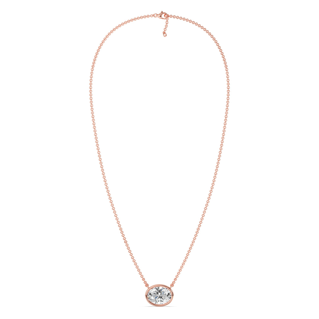 2 Carat Bezel-Set Oval Lab-Grown Diamond Solitaire Pendant Necklace in 18K Rose Gold, showcasing an IGI Certified E/VS diamond in a modern bezel setting with a warm rose gold finish