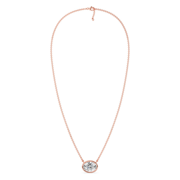 2 Carat Bezel-Set Oval Lab-Grown Diamond Solitaire Pendant Necklace in 18K Rose Gold, showcasing an IGI Certified E/VS diamond in a modern bezel setting with a warm rose gold finish