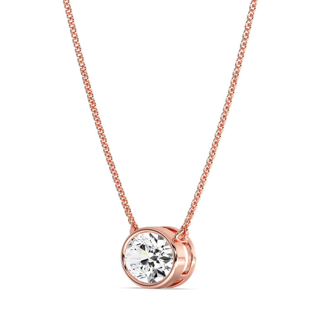 2 Carat Bezel-Set Oval Lab-Grown Diamond Solitaire Pendant Necklace in 18K Rose Gold, showcasing an IGI Certified E/VS diamond in a modern bezel setting with a warm rose gold finish