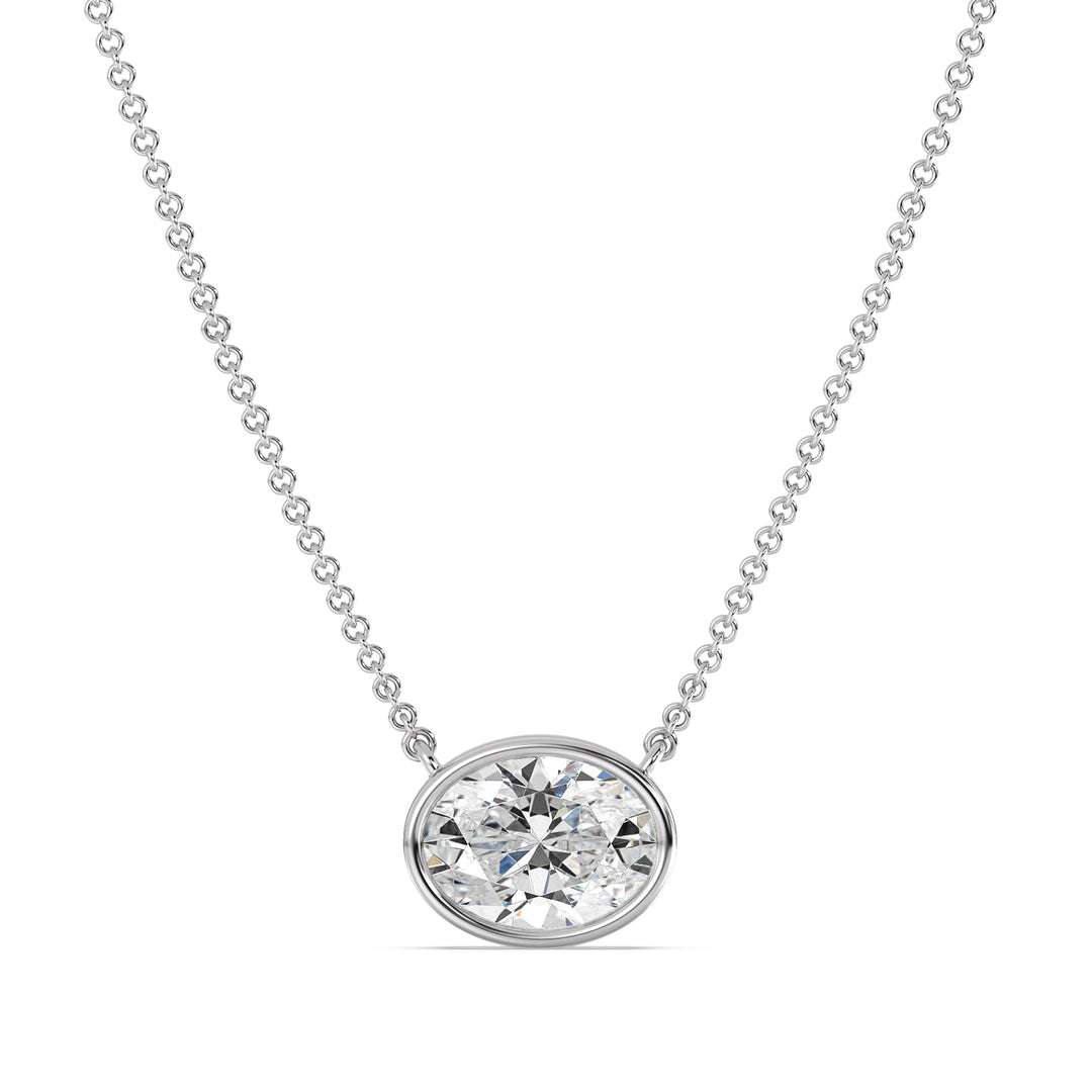 2 Carat Bezel-Set Oval Lab-Grown Diamond Solitaire Pendant Necklace in 18K White Gold, highlighting an IGI Certified E/VS diamond with a sleek bezel setting on an elegant white gold chain.