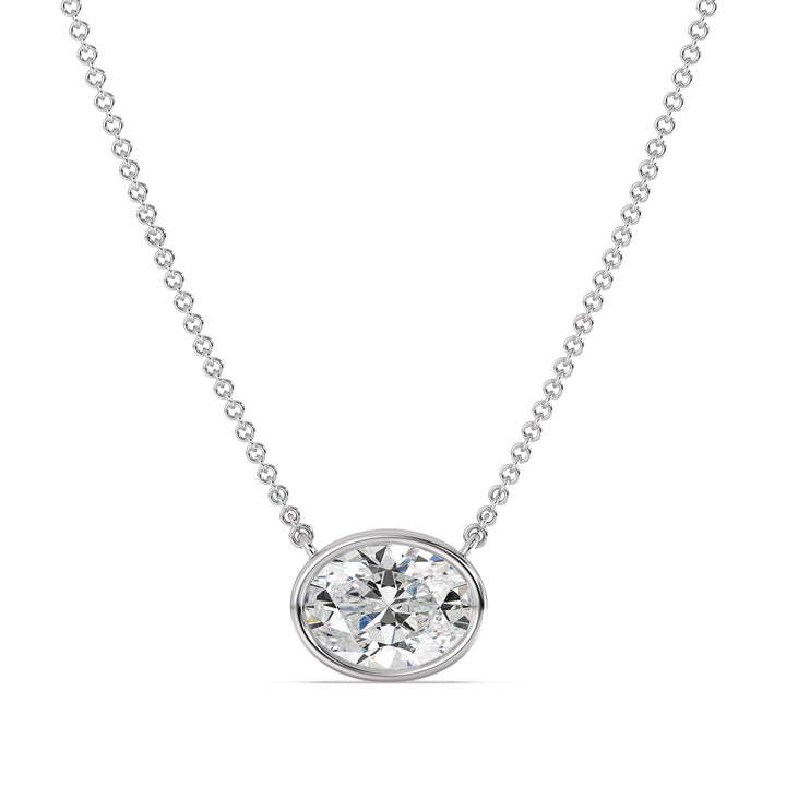 2 Carat Bezel-Set Oval Lab-Grown Diamond Solitaire Pendant Necklace in 18K White Gold, highlighting an IGI Certified E/VS diamond with a sleek bezel setting on an elegant white gold chain.
