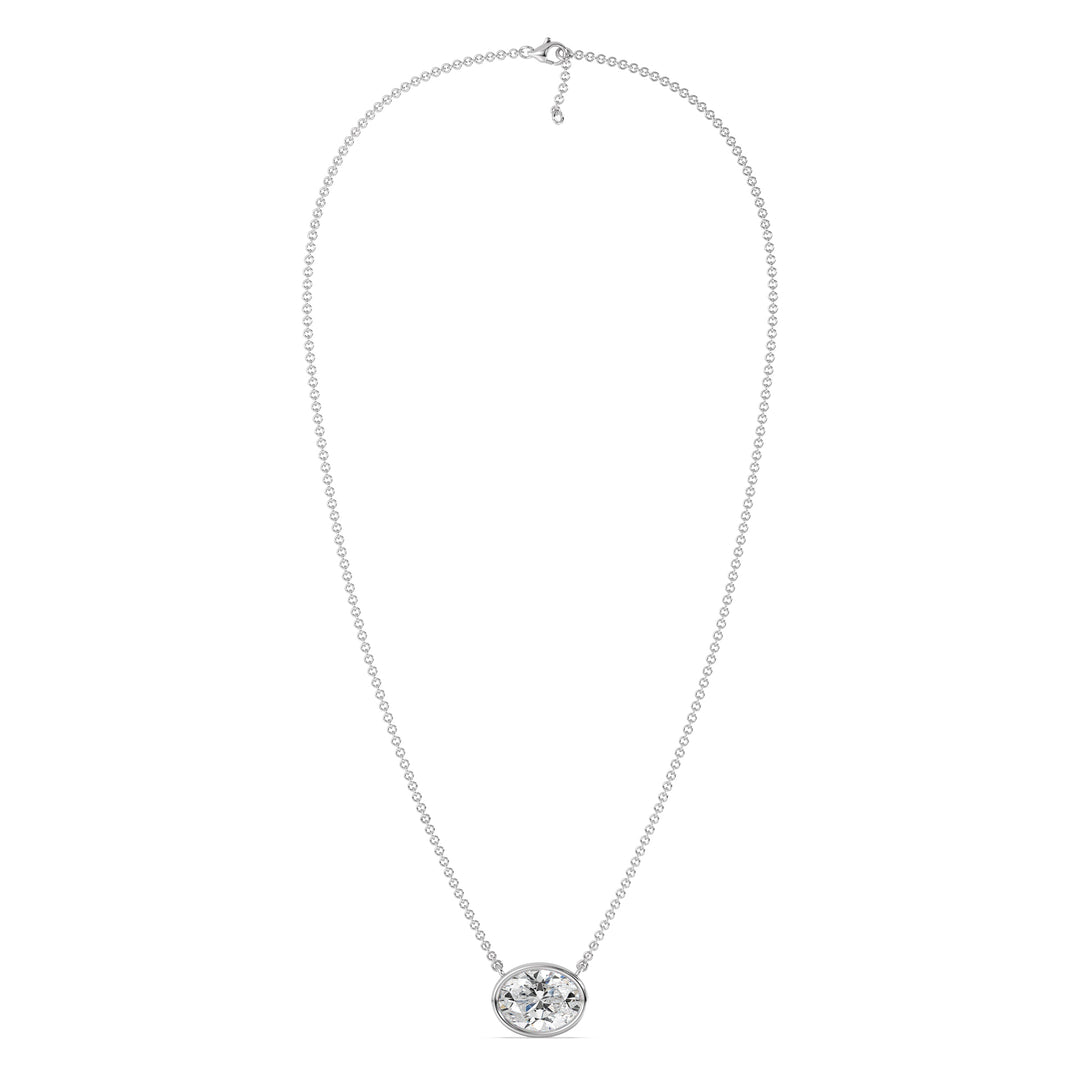 2 Carat Bezel-Set Oval Lab-Grown Diamond Solitaire Pendant Necklace in 18K White Gold, highlighting an IGI Certified E/VS diamond with a sleek bezel setting on an elegant white gold chain.