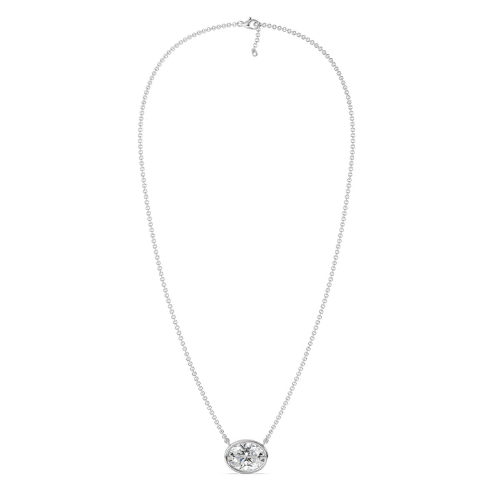 2 Carat Bezel-Set Oval Lab-Grown Diamond Solitaire Pendant Necklace in 18K White Gold, highlighting an IGI Certified E/VS diamond with a sleek bezel setting on an elegant white gold chain.