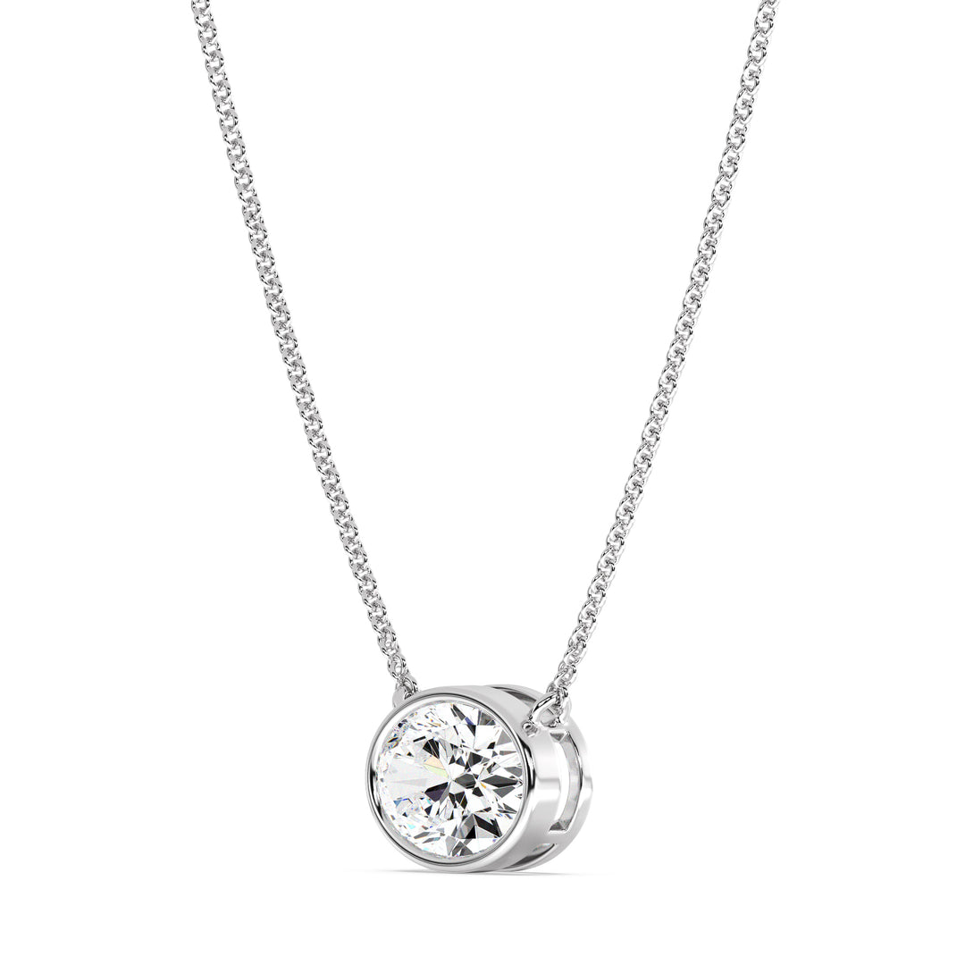 2 Carat Bezel-Set Oval Lab-Grown Diamond Solitaire Pendant Necklace in 18K White Gold, highlighting an IGI Certified E/VS diamond with a sleek bezel setting on an elegant white gold chain.