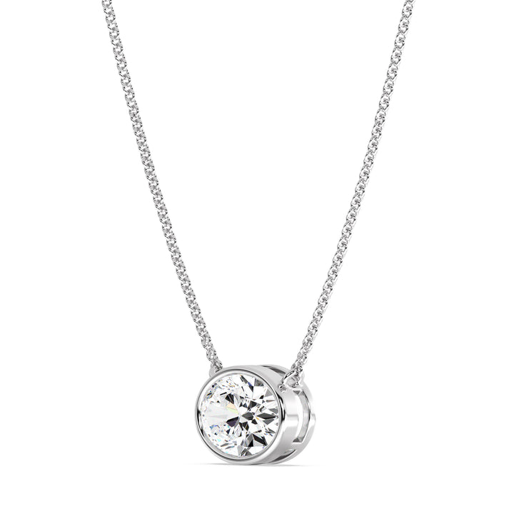 2 Carat Bezel-Set Oval Lab-Grown Diamond Solitaire Pendant Necklace in 18K White Gold, highlighting an IGI Certified E/VS diamond with a sleek bezel setting on an elegant white gold chain.