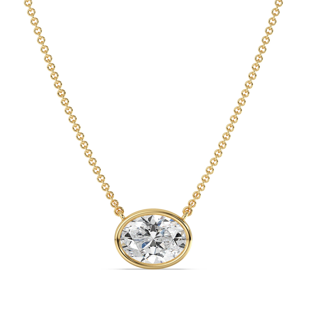 2 Carat Bezel-Set Oval Lab-Grown Diamond Solitaire Pendant Necklace in 18K Yellow Gold, featuring an IGI Certified E/VS diamond with a sleek bezel setting on a luxurious yellow gold chain