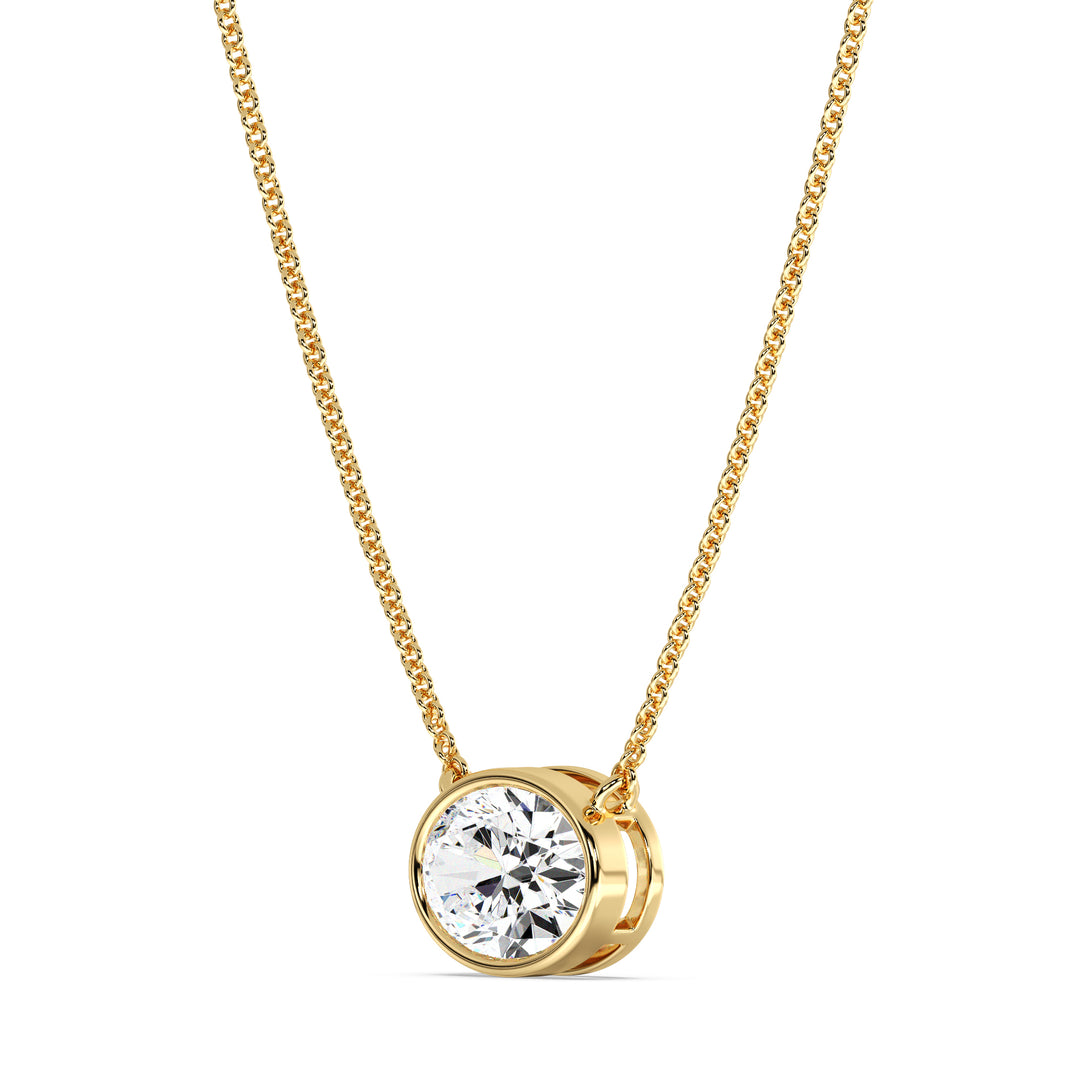 2 Carat Bezel-Set Oval Lab-Grown Diamond Solitaire Pendant Necklace in 18K Yellow Gold, featuring an IGI Certified E/VS diamond with a sleek bezel setting on a luxurious yellow gold chain