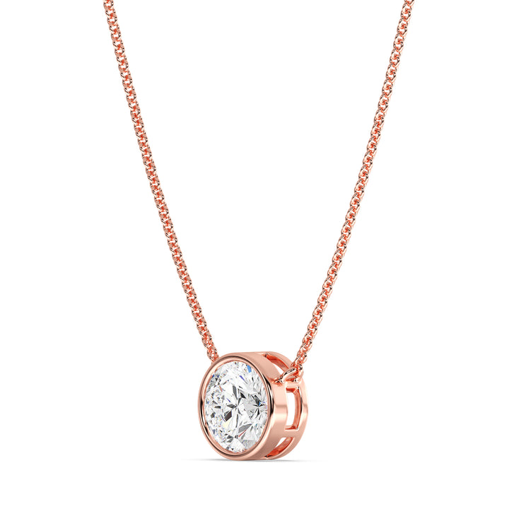 2 Carat Bezel-Set Round Lab-Grown Diamond Solitaire Pendant Necklace in 18K Rose Gold. IGI-certified diamond featuring a modern bezel setting, complemented by a warm rose gold chain