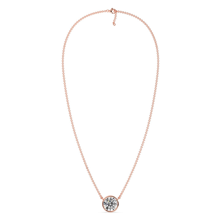 2 Carat Bezel-Set Round Lab-Grown Diamond Solitaire Pendant Necklace in 18K Rose Gold. IGI-certified diamond featuring a modern bezel setting, complemented by a warm rose gold chain
