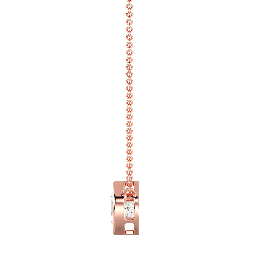 2 Carat Bezel-Set Round Lab-Grown Diamond Solitaire Pendant Necklace in 18K Rose Gold. IGI-certified diamond featuring a modern bezel setting, complemented by a warm rose gold chain