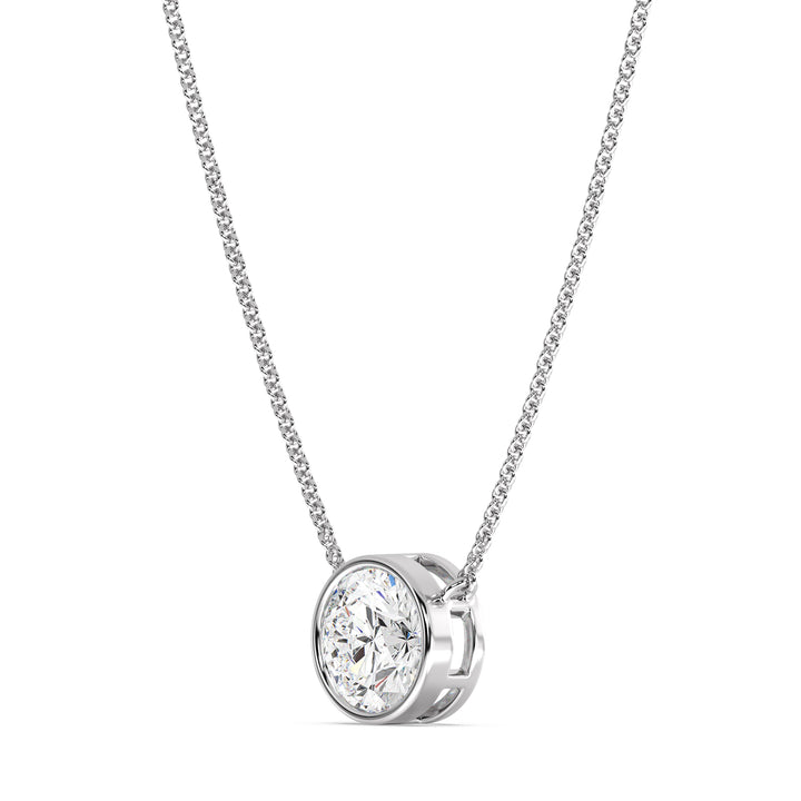 2 Carat Bezel-Set Round Lab-Grown Diamond Solitaire Pendant Necklace in 18K White Gold. IGI-certified diamond in a secure bezel setting, paired with an elegant white gold chain