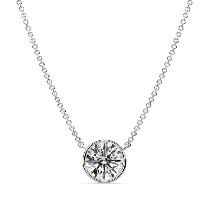 2 Carat Bezel-Set Round Lab-Grown Diamond Solitaire Pendant Necklace in 18K White Gold. IGI-certified diamond in a secure bezel setting, paired with an elegant white gold chain
