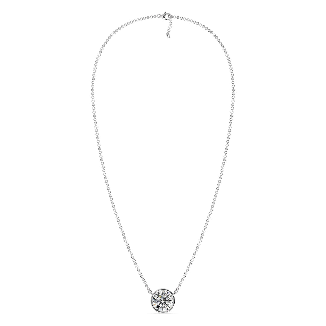 2 Carat Bezel-Set Round Lab-Grown Diamond Solitaire Pendant Necklace in 18K White Gold. IGI-certified diamond in a secure bezel setting, paired with an elegant white gold chain