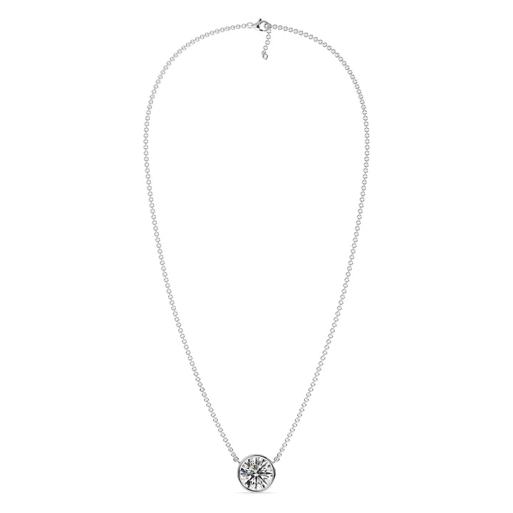 2 Carat Bezel-Set Round Lab-Grown Diamond Solitaire Pendant Necklace in 18K White Gold. IGI-certified diamond in a secure bezel setting, paired with an elegant white gold chain